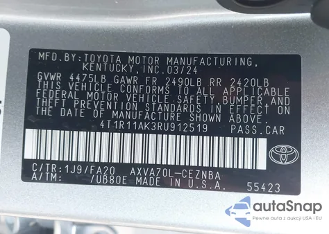 2024 Toyota Camry Le z USA, uszkodzony, nr VIN 4T1R11AK3RU912519